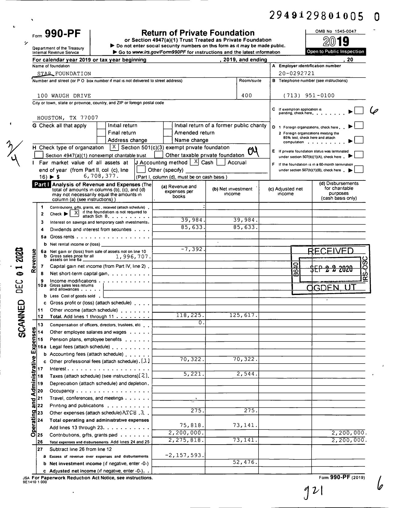 Image of first page of 2019 Form 990PF for Star Foundation