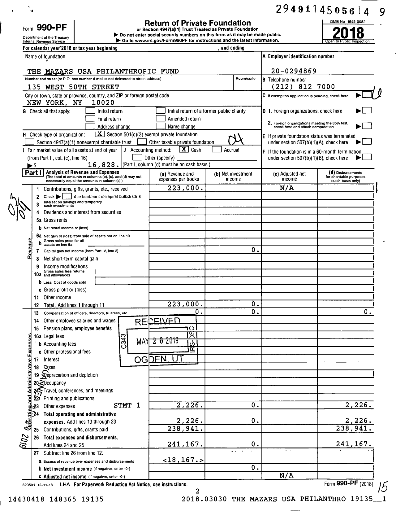 Image of first page of 2018 Form 990PF for The Mazars USA Philanthropic Fund