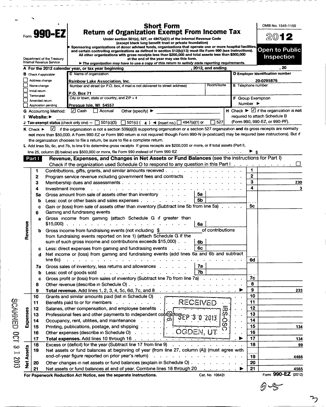 Image of first page of 2012 Form 990EO for Rainbow Lake Association