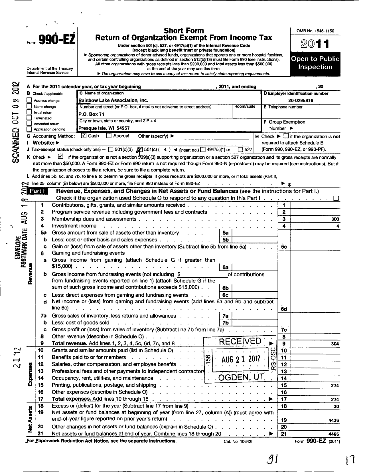 Image of first page of 2011 Form 990EO for Rainbow Lake Association