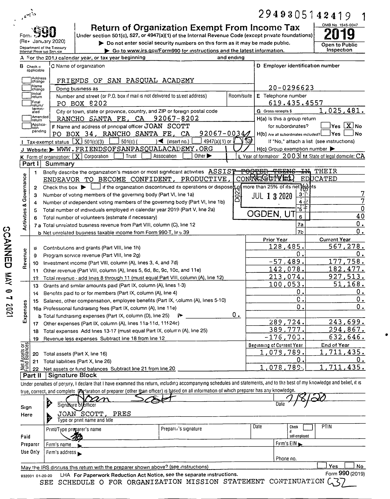 Image of first page of 2019 Form 990 for Friends of San Pasqual Academy