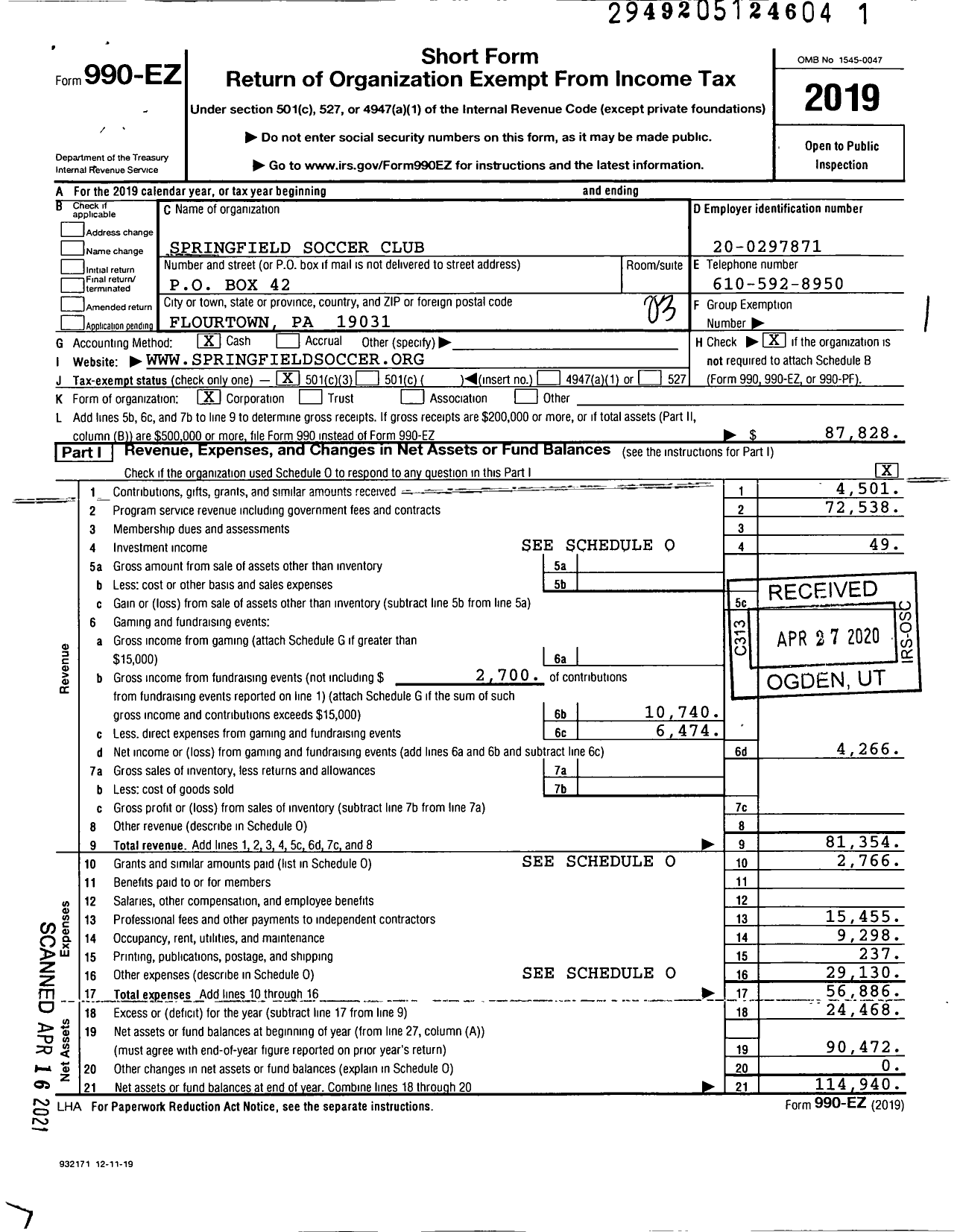 Image of first page of 2019 Form 990EZ for Springfield Soccer Club