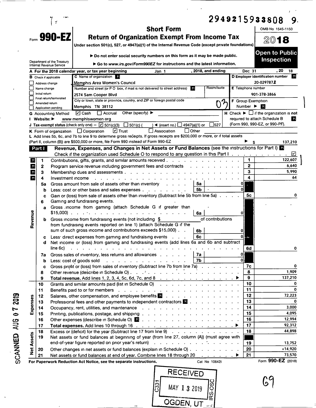 Image of first page of 2018 Form 990EZ for Memphis Area Womens Council