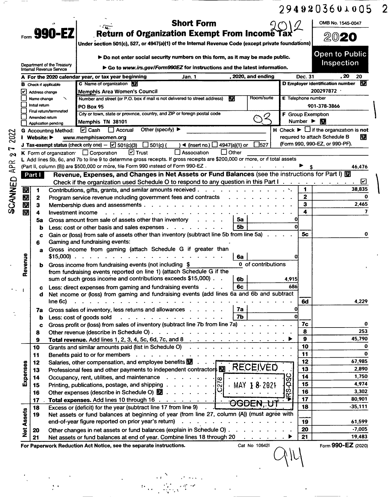 Image of first page of 2020 Form 990EZ for Memphis Area Womens Council