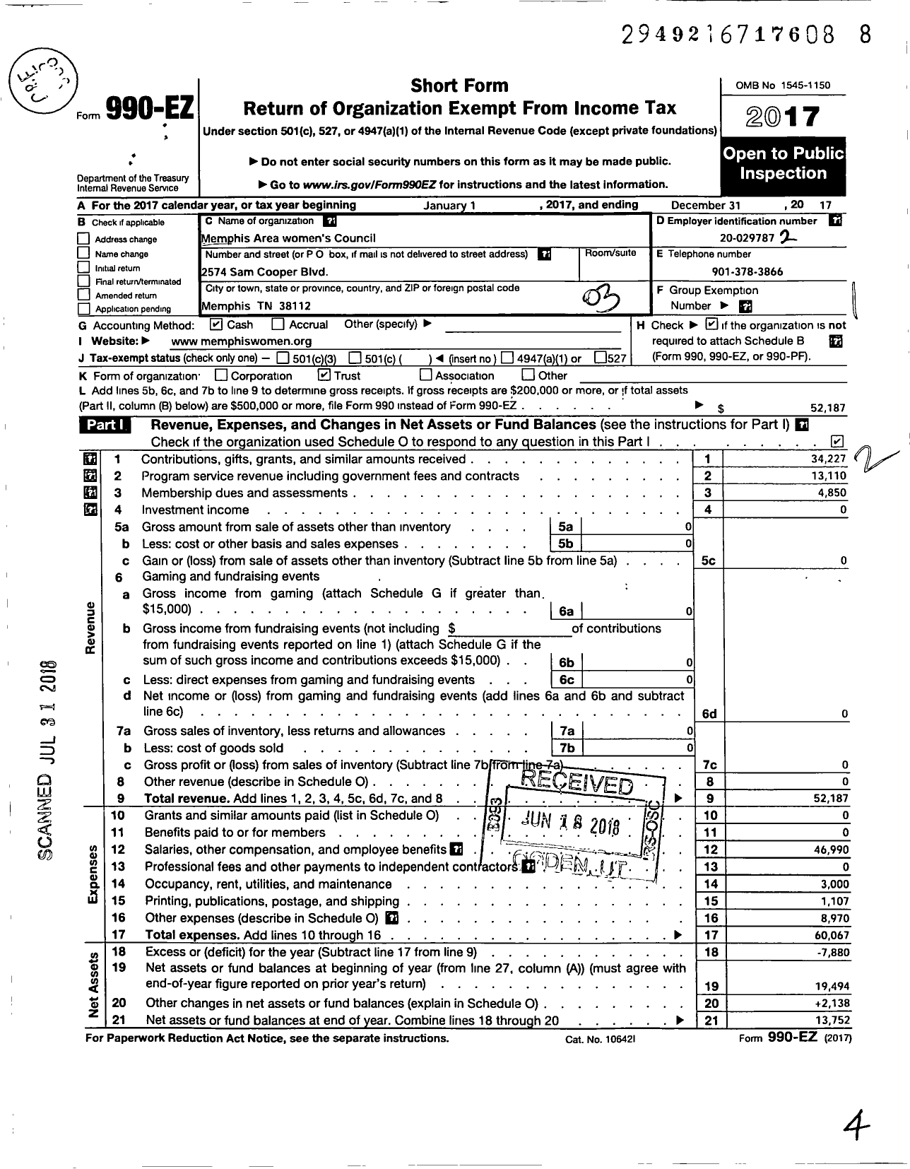 Image of first page of 2017 Form 990EZ for Memphis Area Womens Council