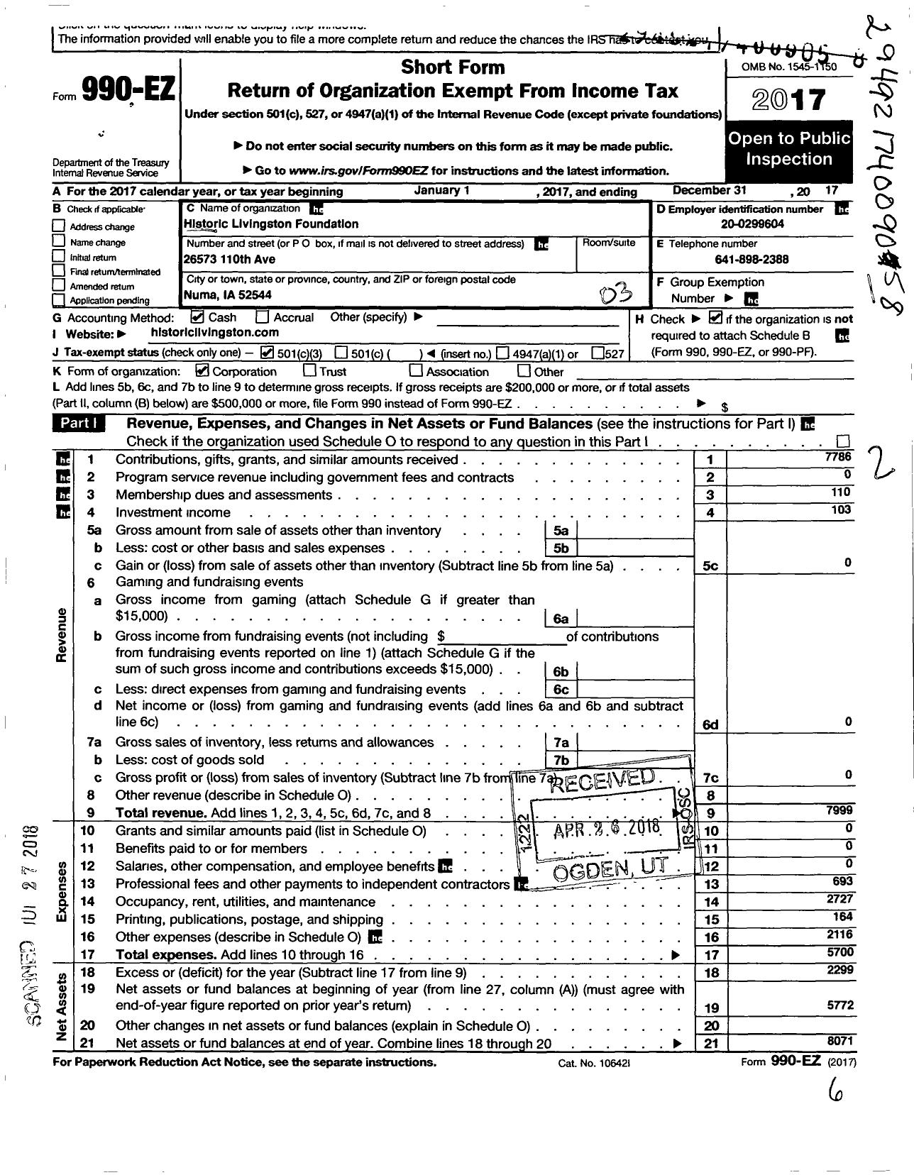 Image of first page of 2017 Form 990EZ for Historic Livingston Foundation