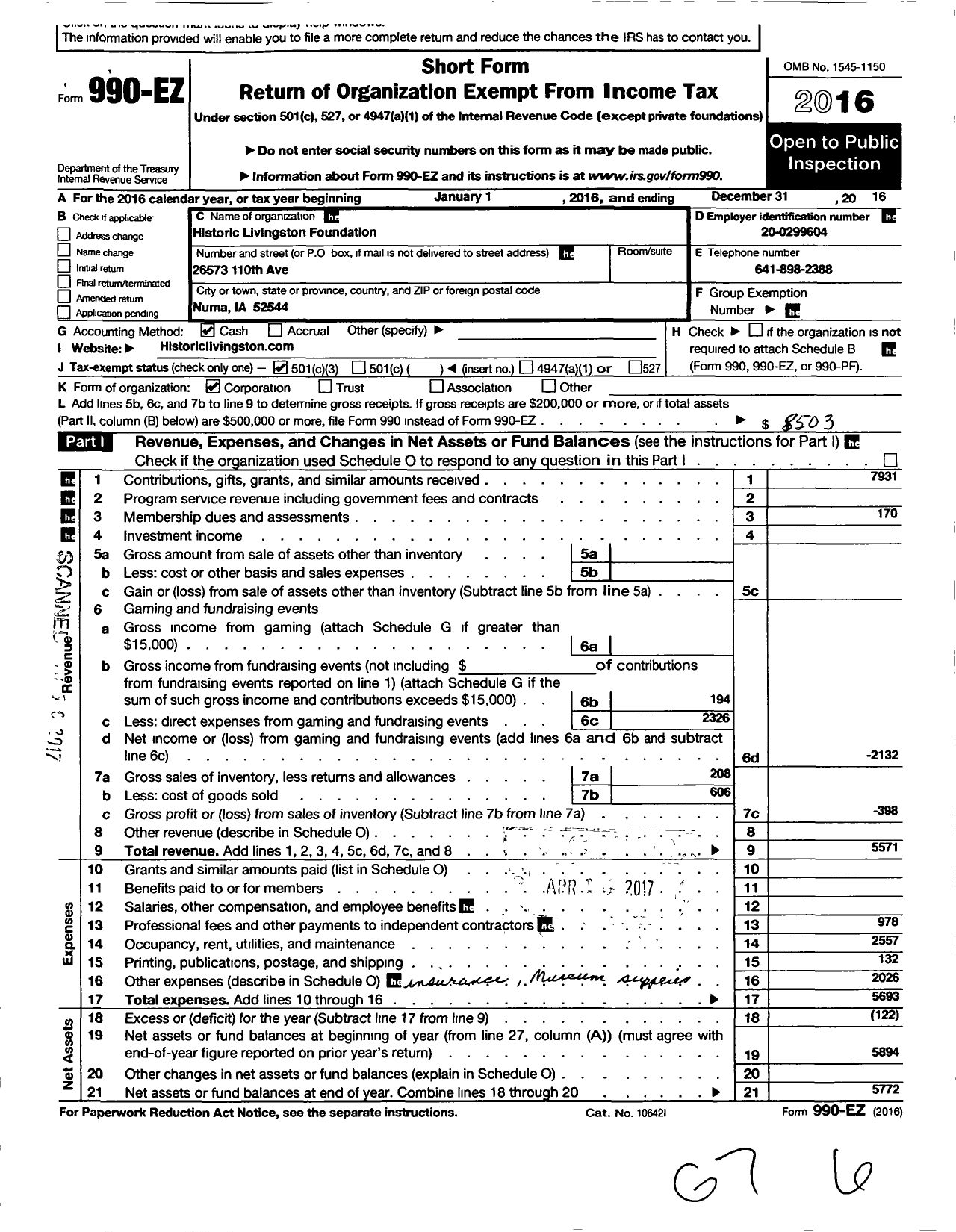 Image of first page of 2016 Form 990EZ for Historic Livingston Foundation