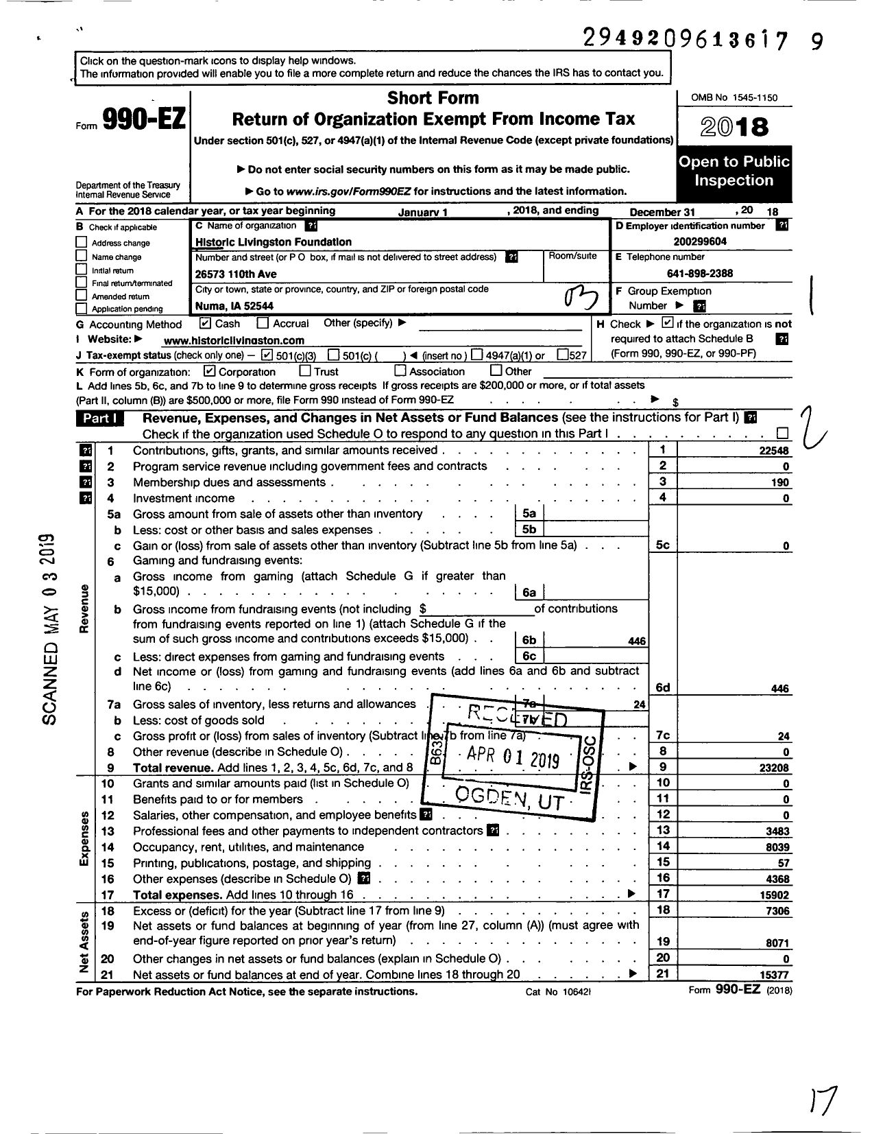 Image of first page of 2018 Form 990EZ for Historic Livingston Foundation