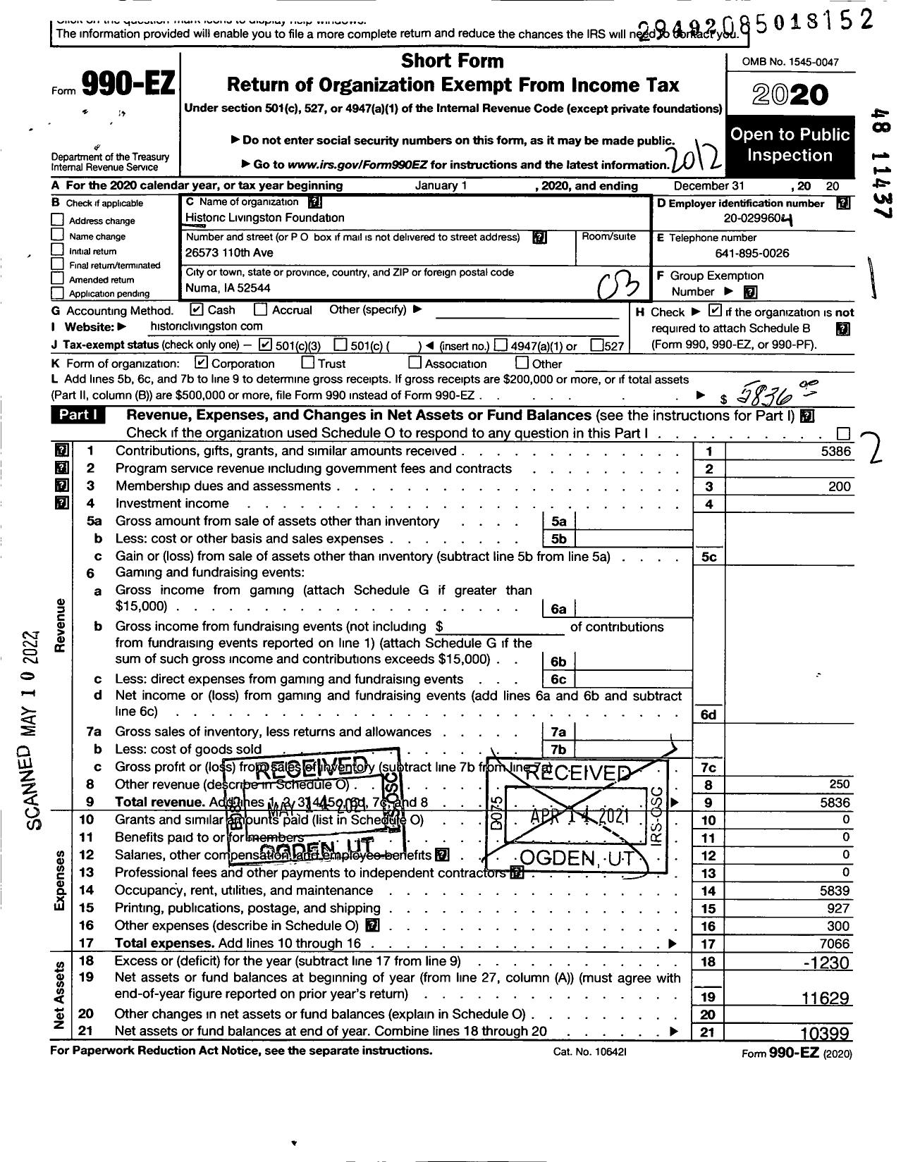 Image of first page of 2020 Form 990EZ for Historic Livingston Foundation