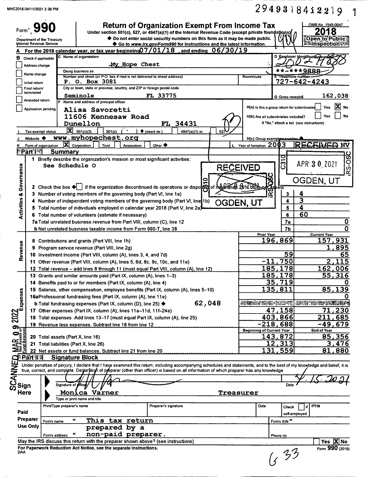 Image of first page of 2018 Form 990 for My Hope Chest