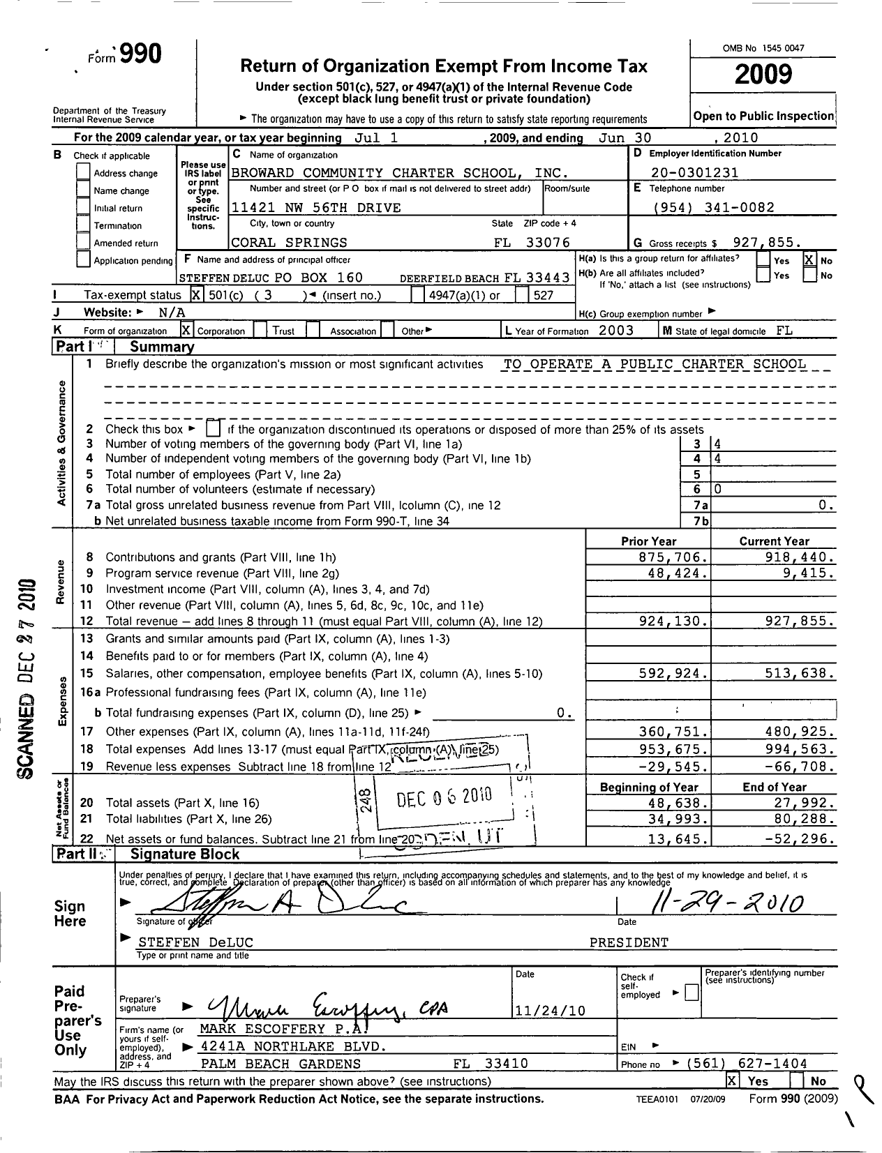 Image of first page of 2009 Form 990 for Broward Community Charter School