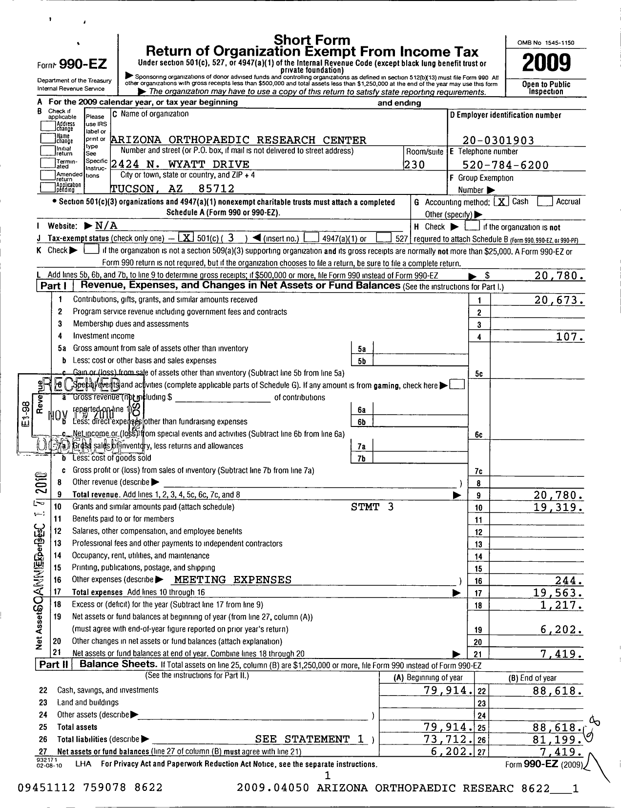 Image of first page of 2009 Form 990EZ for Arizona Orthopaedic Research Center