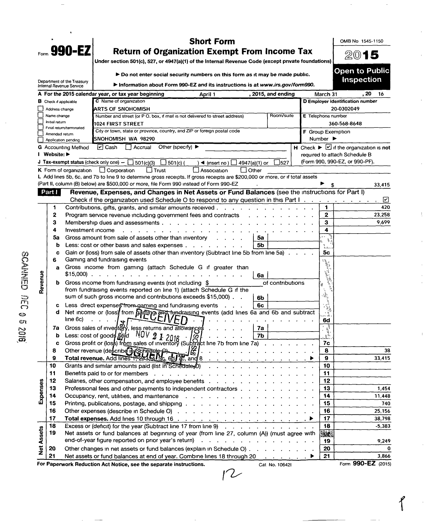 Image of first page of 2015 Form 990EO for Arts of Snohomish