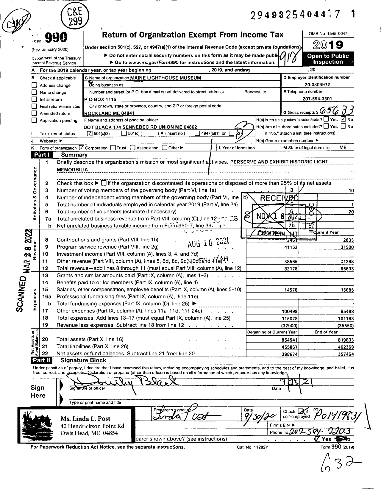 Image of first page of 2019 Form 990 for Maine Lighthouse Museum