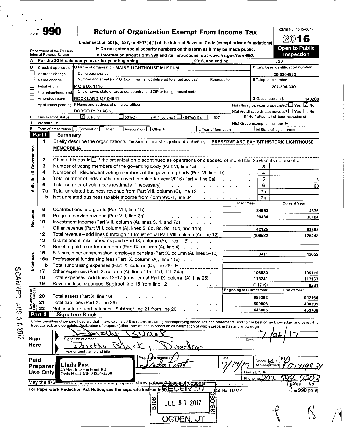 Image of first page of 2016 Form 990 for Maine Lighthouse Museum