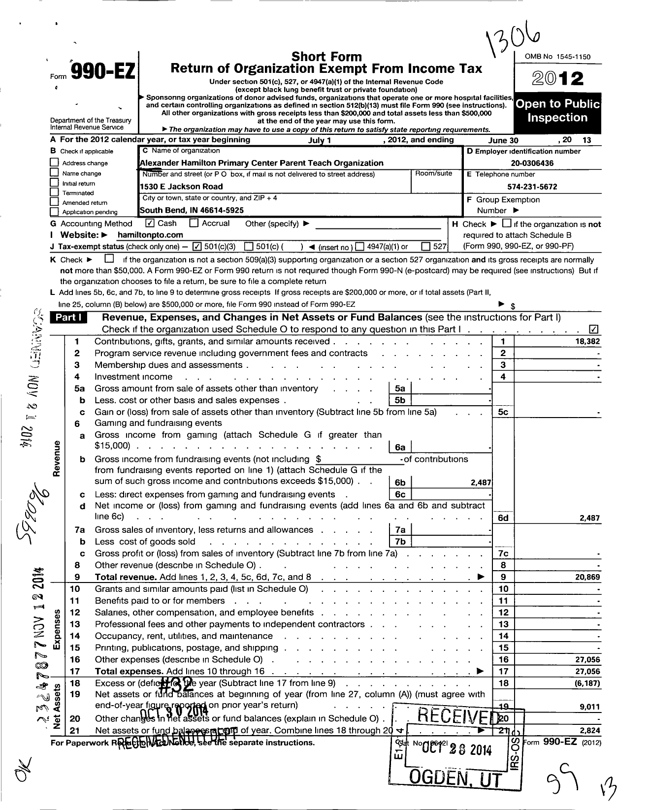 Image of first page of 2012 Form 990EZ for Marshall Traditional School Parent Teacher Organization