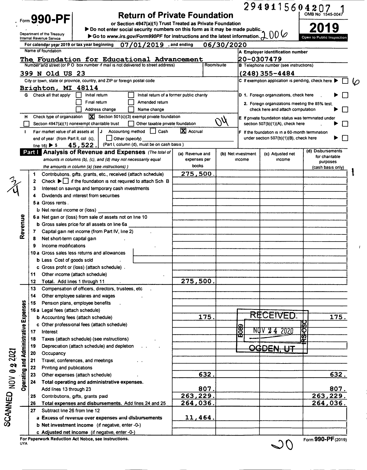 Image of first page of 2019 Form 990PF for The Foundation for Educational Advancement