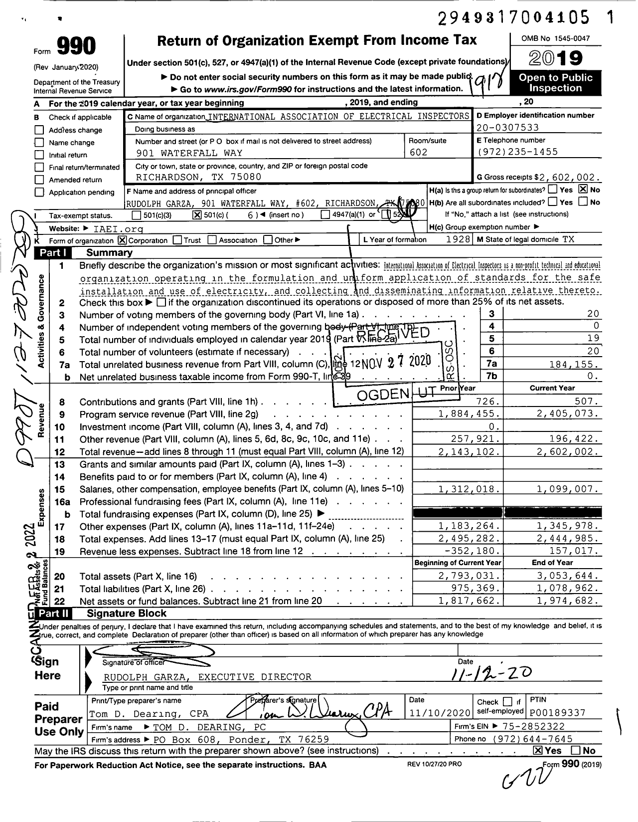 Image of first page of 2019 Form 990O for International Association of Electrical Inspectors