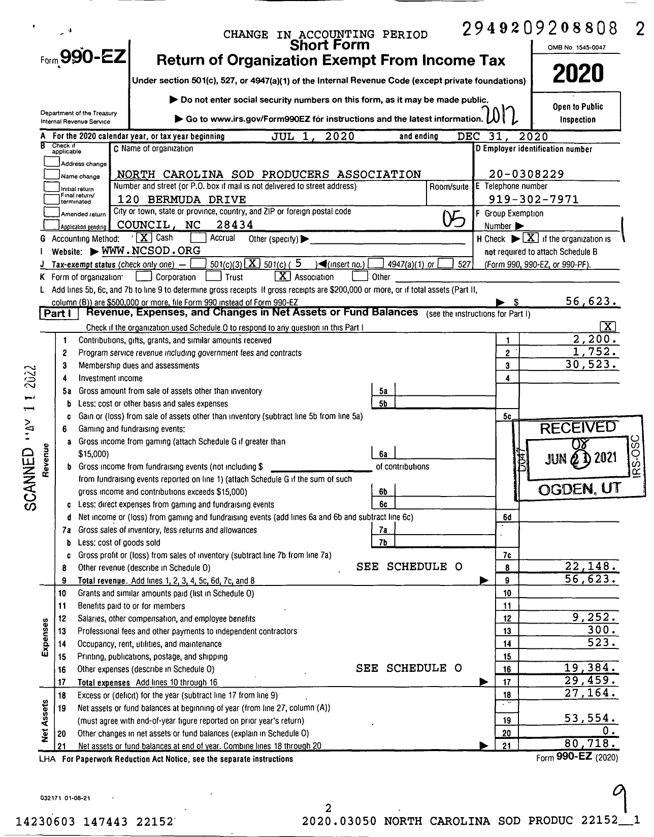 Image of first page of 2020 Form 990EO for North Carolina Sod Producers Association