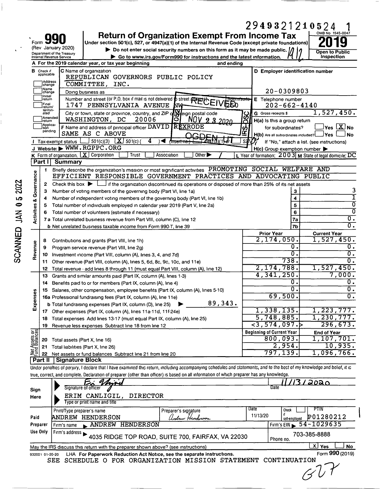 Image of first page of 2019 Form 990O for Republican Governors Public Policy Committee (RGPPC)