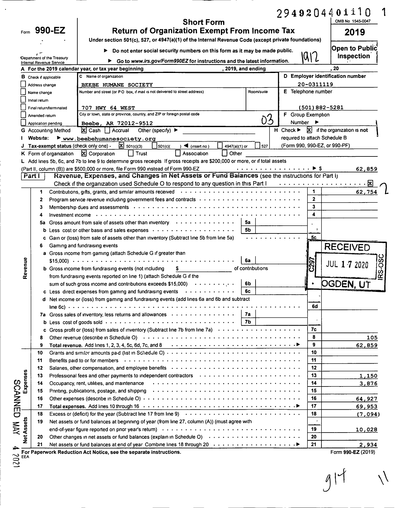 Image of first page of 2019 Form 990EZ for Beebe Humane Society