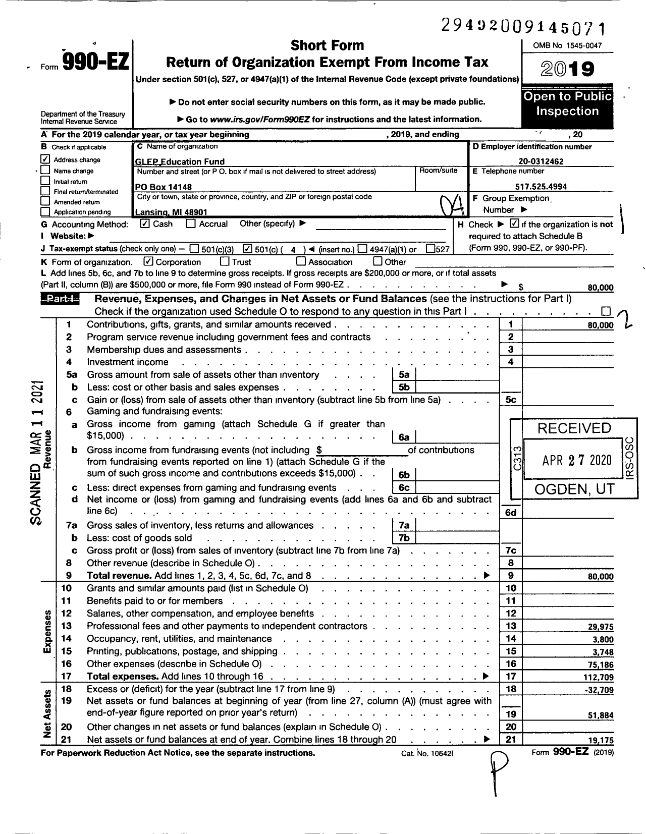 Image of first page of 2019 Form 990EO for Glep Education Fund