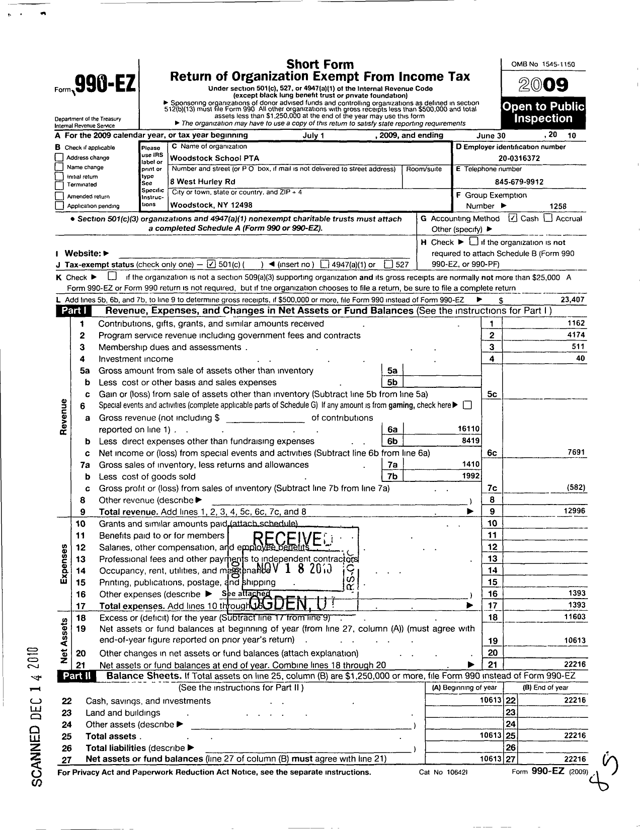 Image of first page of 2009 Form 990EO for New York State PTA - 17-310 Woodstock-West Hurley PTA