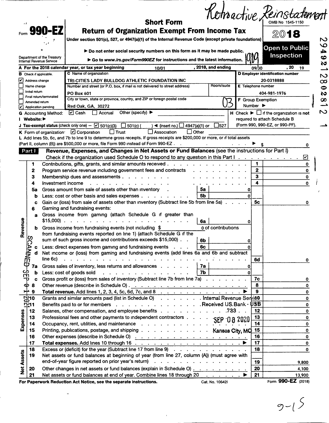 Image of first page of 2018 Form 990EZ for Tri-Cities Lady Bulldog Athletic Foundation