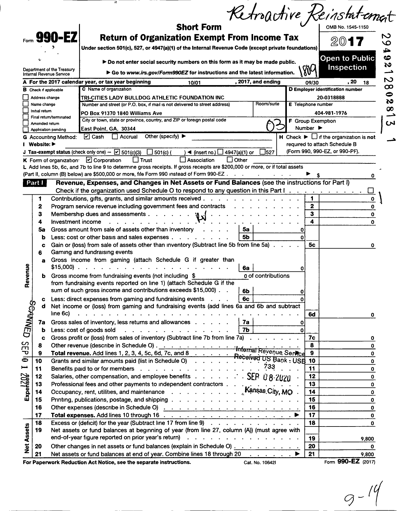 Image of first page of 2017 Form 990EZ for Tri-Cities Lady Bulldog Athletic Foundation