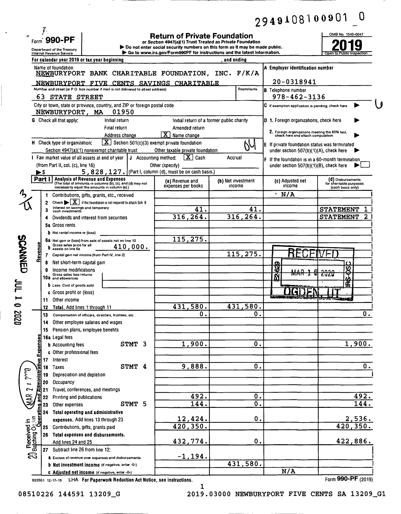 Image of first page of 2019 Form 990PR for Newburyport Bank Charitable Foundation