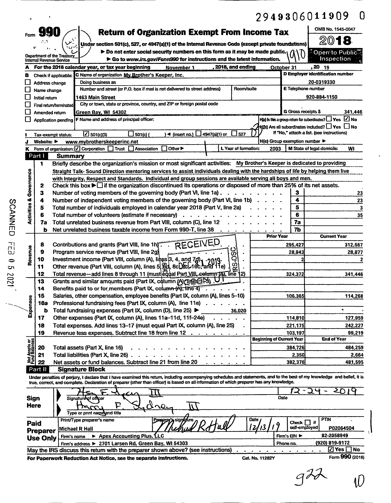 Image of first page of 2018 Form 990 for My Brothers Keeper