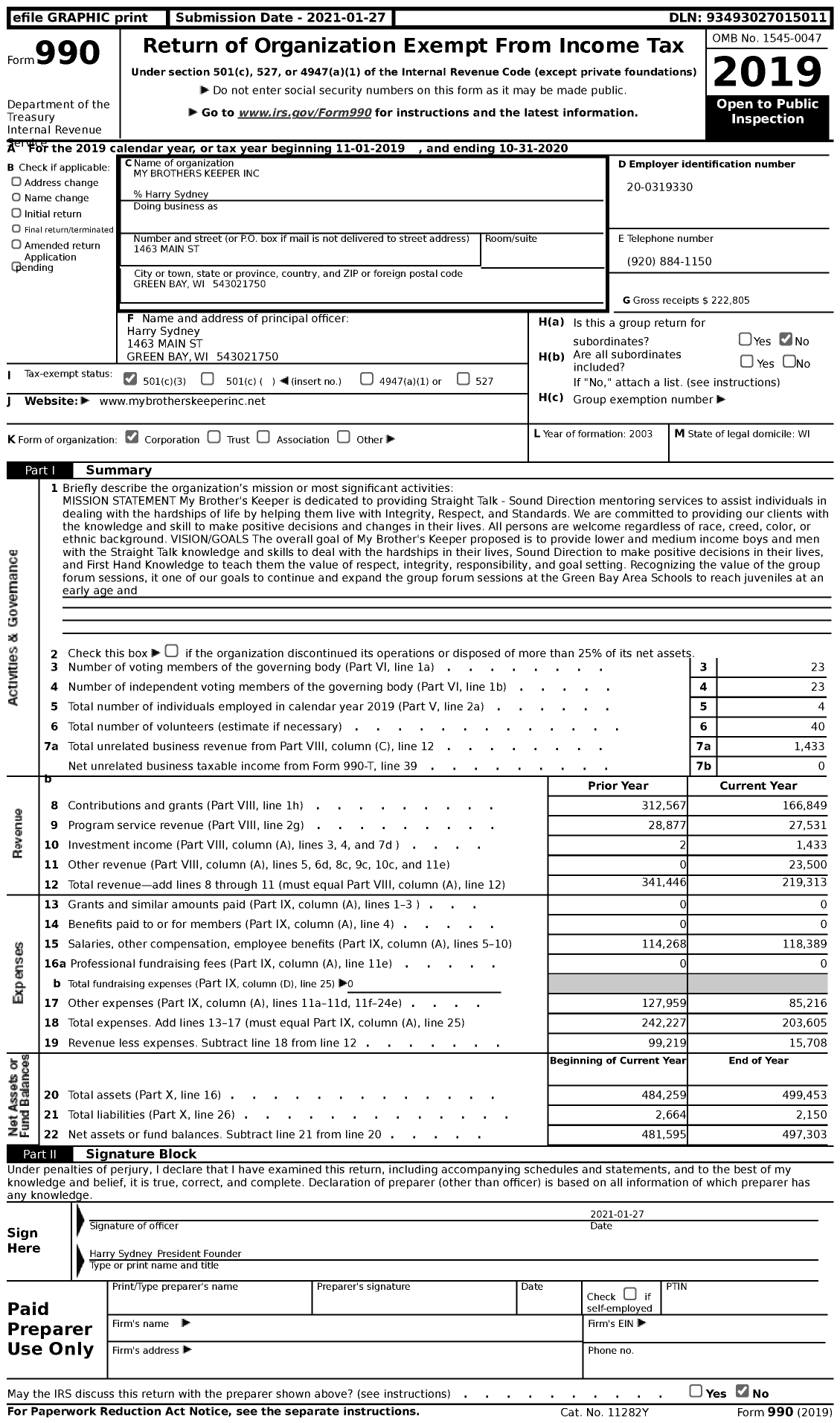 Image of first page of 2019 Form 990 for My Brothers Keeper