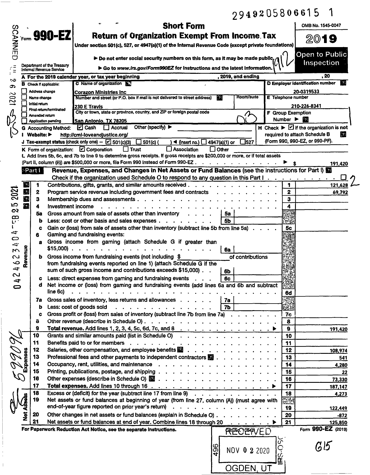 Image of first page of 2019 Form 990EZ for Corazon Ministries