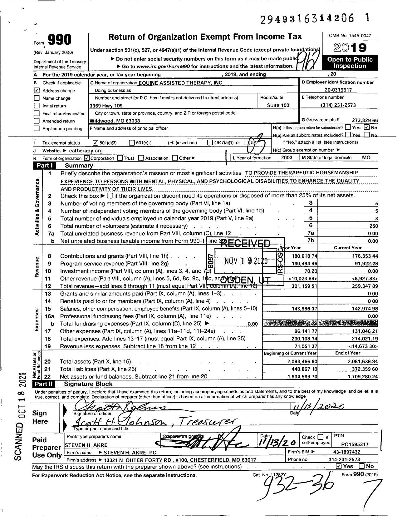 Image of first page of 2019 Form 990 for Equine-Assisted Therapy