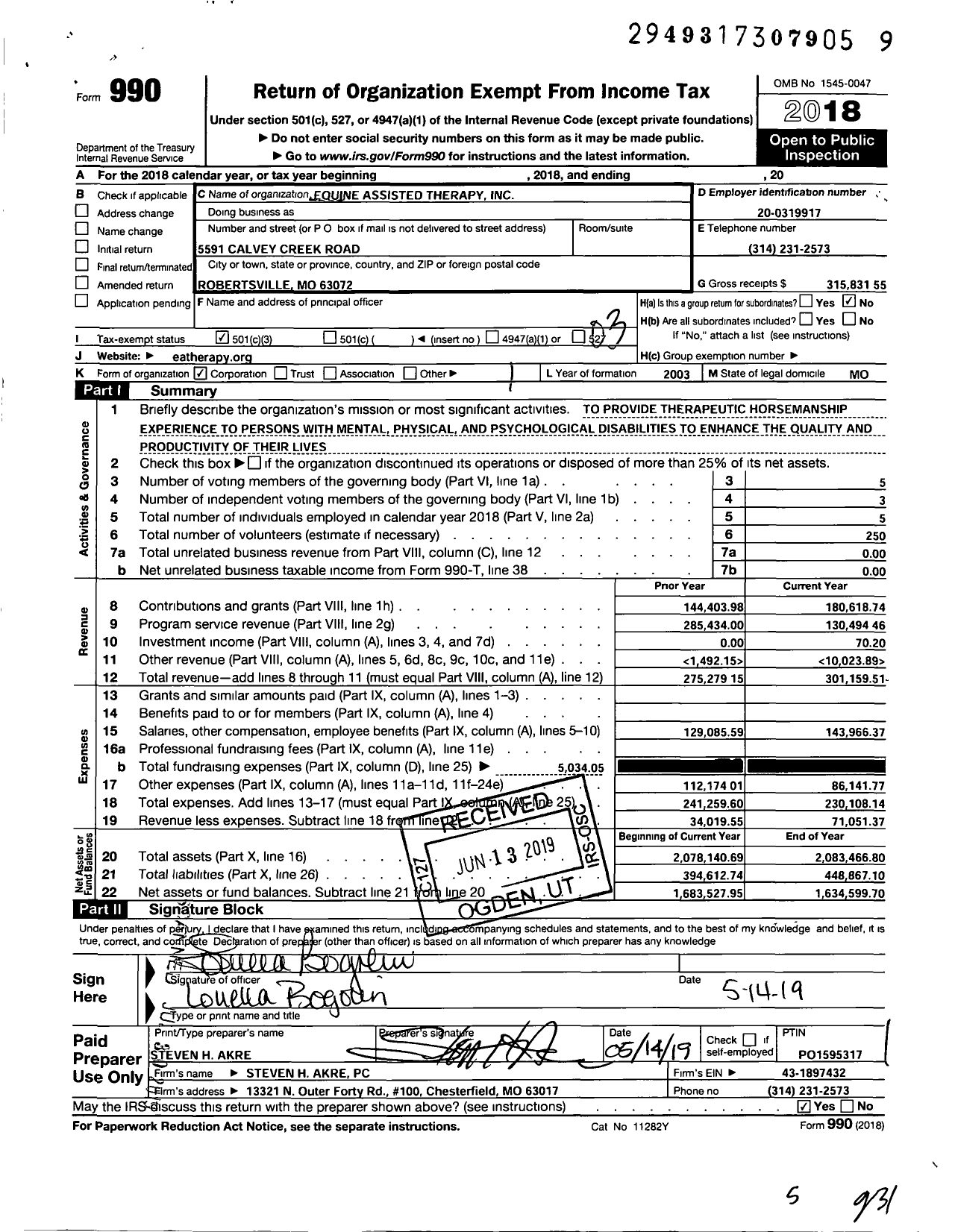 Image of first page of 2018 Form 990 for Equine-Assisted Therapy