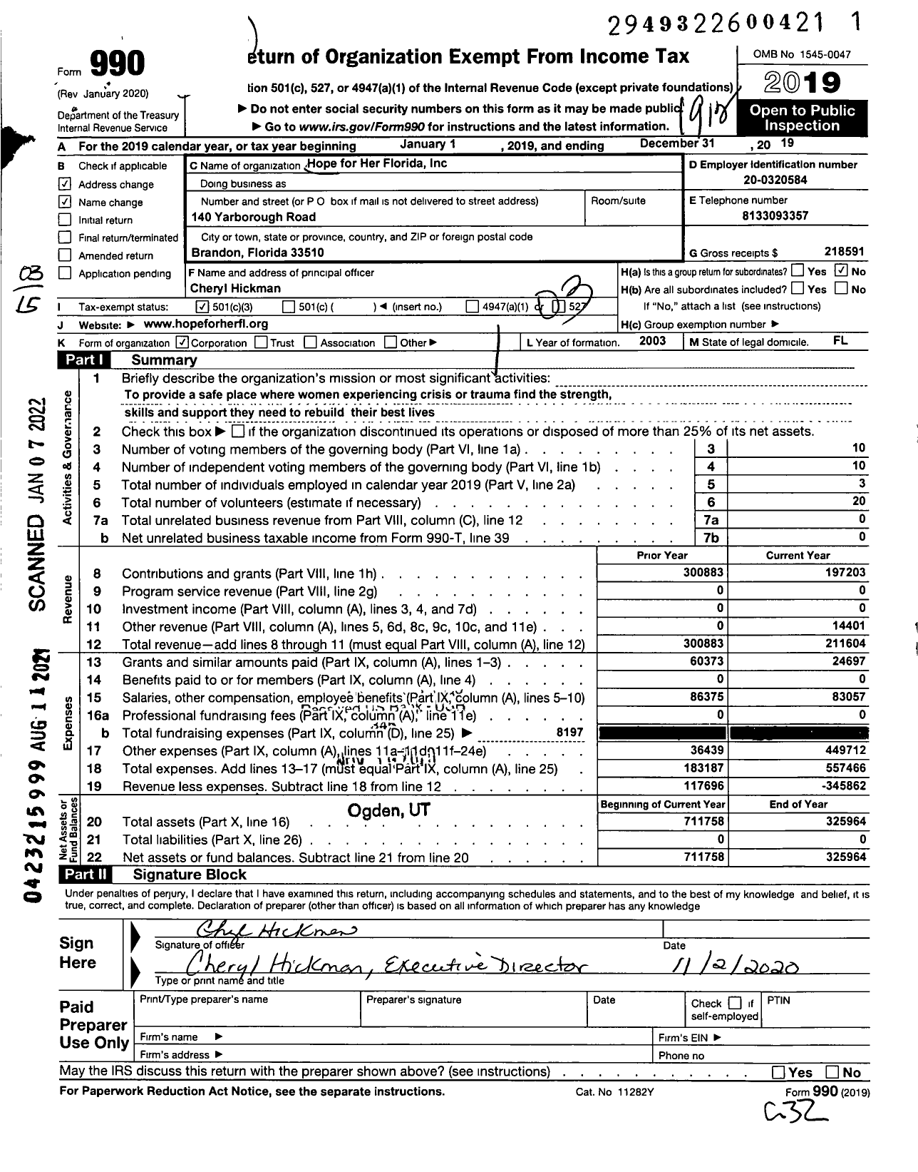 Image of first page of 2019 Form 990 for Hope for Her Florida