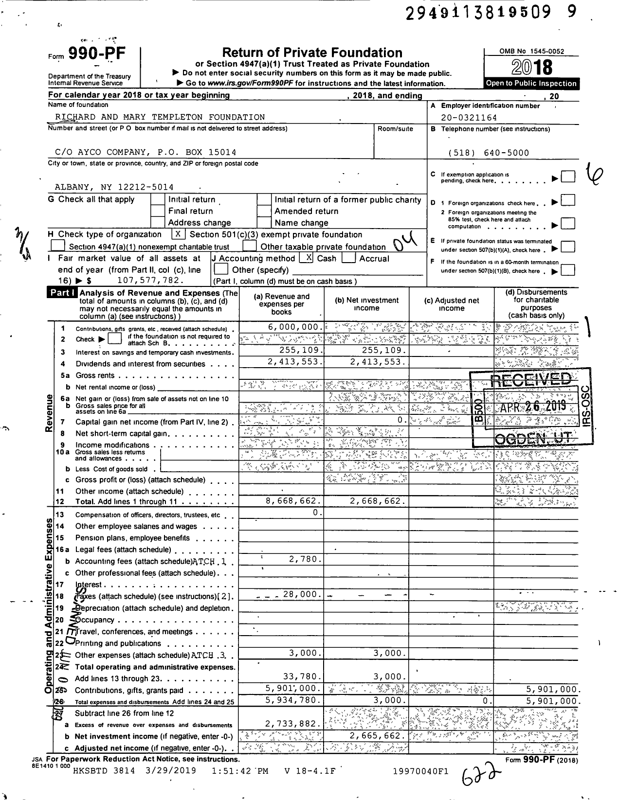 Image of first page of 2018 Form 990PF for Richard and Mary Templeton Foundation