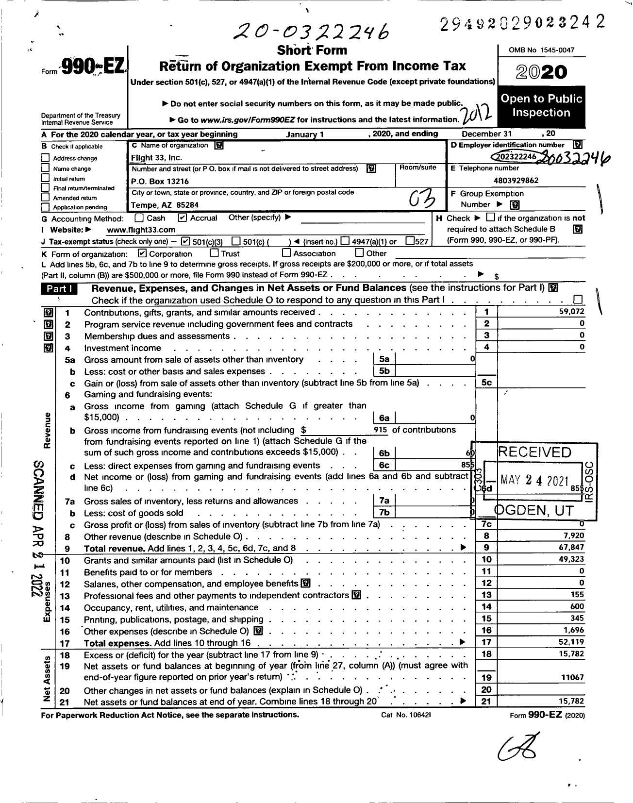 Image of first page of 2020 Form 990EZ for Flight 33