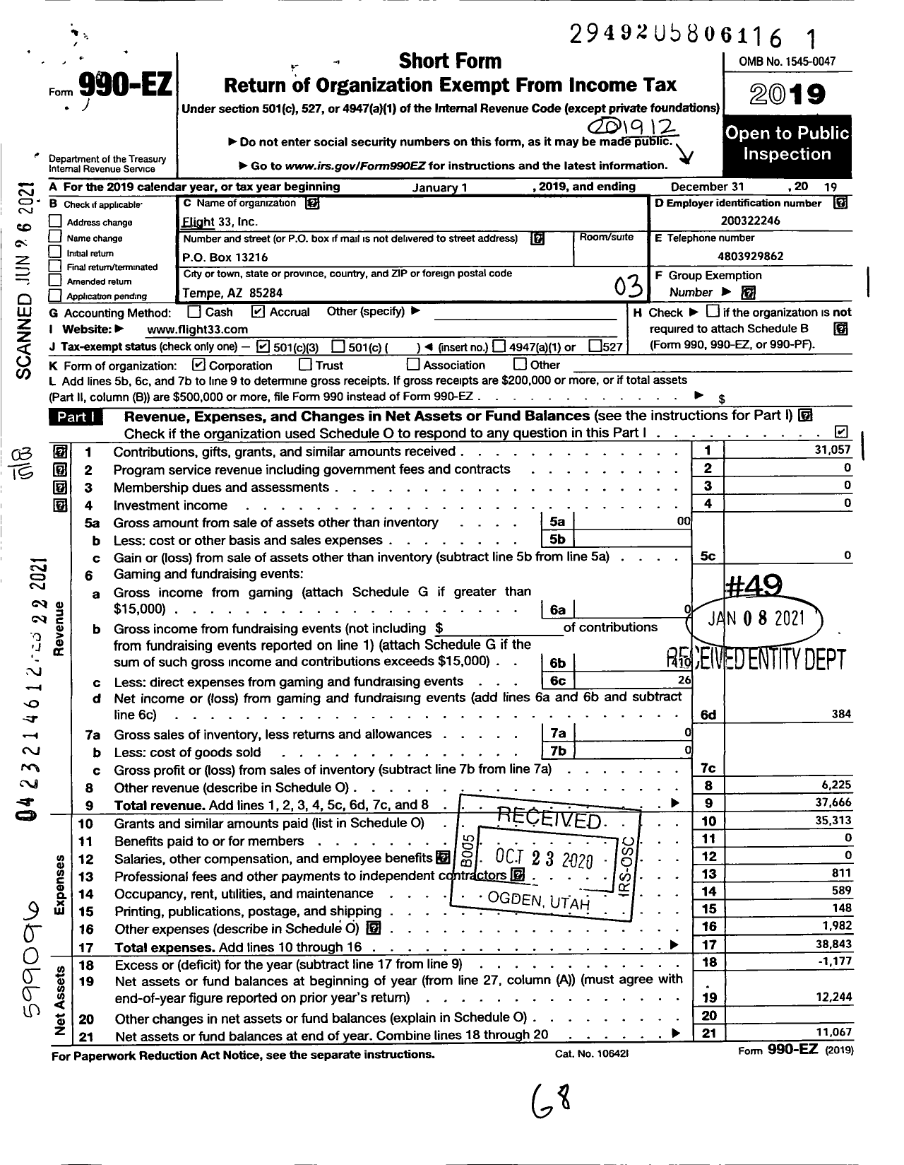 Image of first page of 2019 Form 990EZ for Flight 33