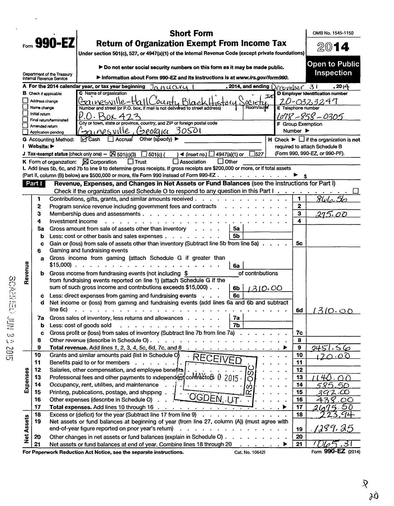 Image of first page of 2014 Form 990EZ for Gainesville-Hall County Black History Society