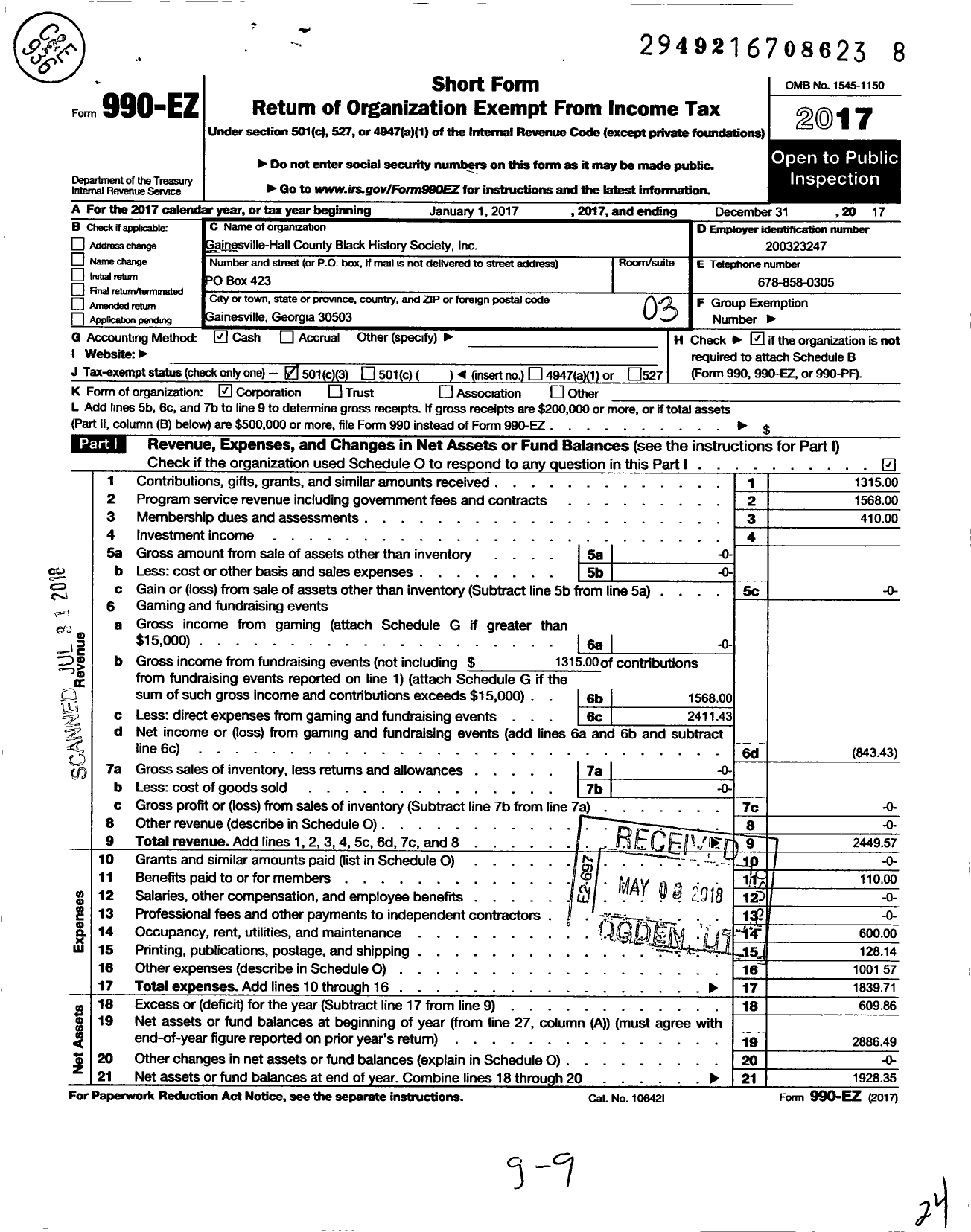 Image of first page of 2017 Form 990EZ for Gainesville-Hall County Black History Society