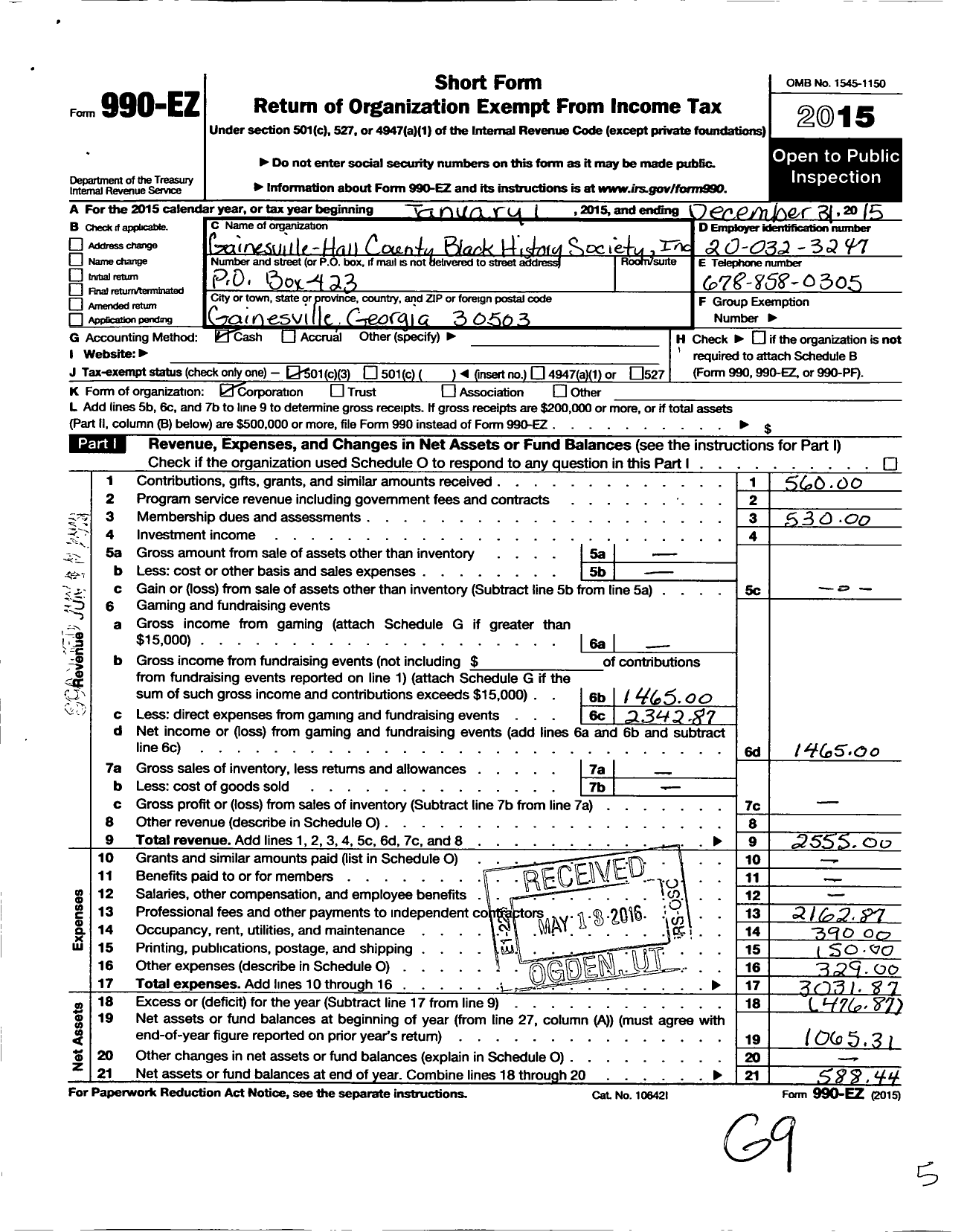 Image of first page of 2015 Form 990EZ for Gainesville-Hall County Black History Society