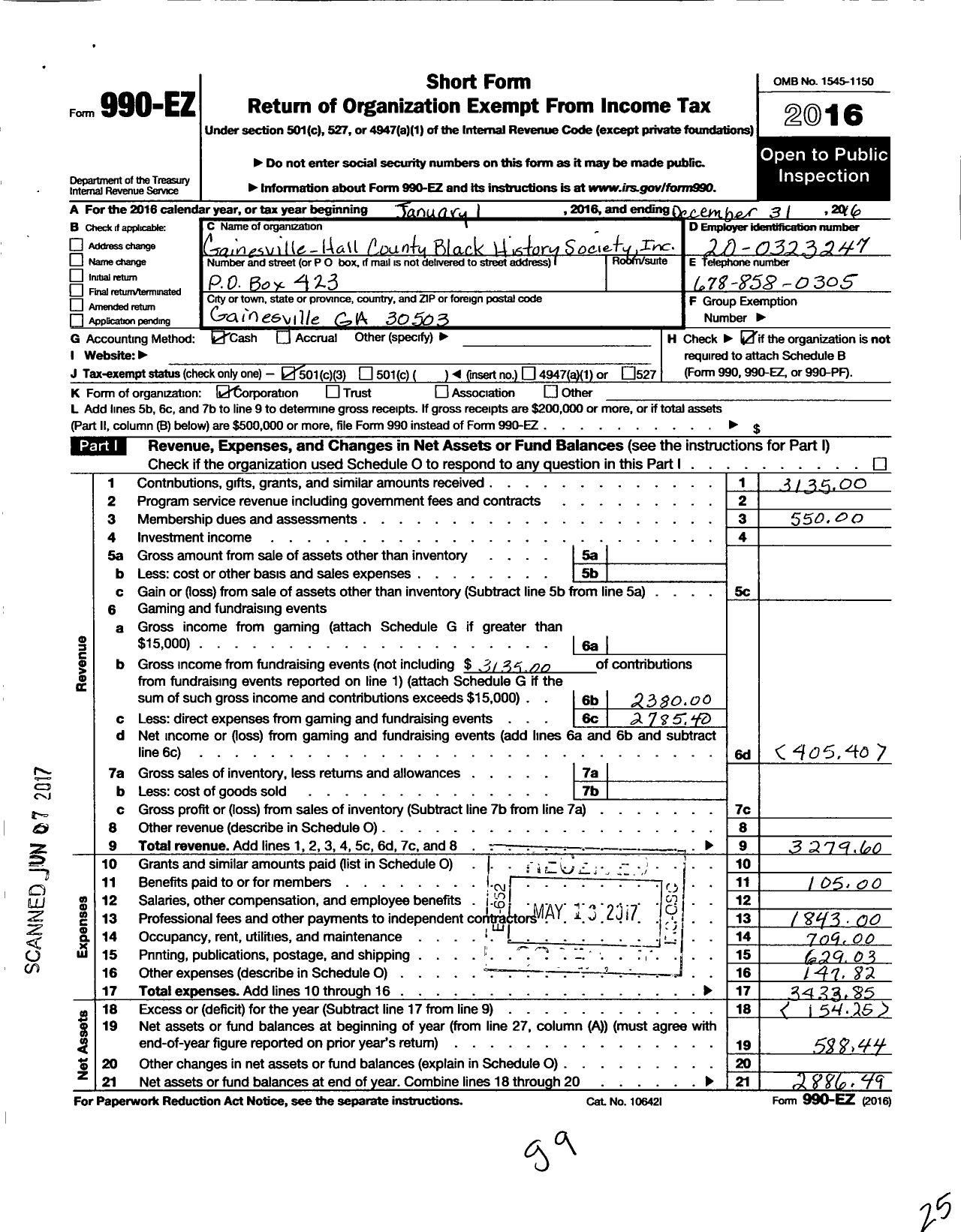 Image of first page of 2016 Form 990EZ for Gainesville-Hall County Black History Society