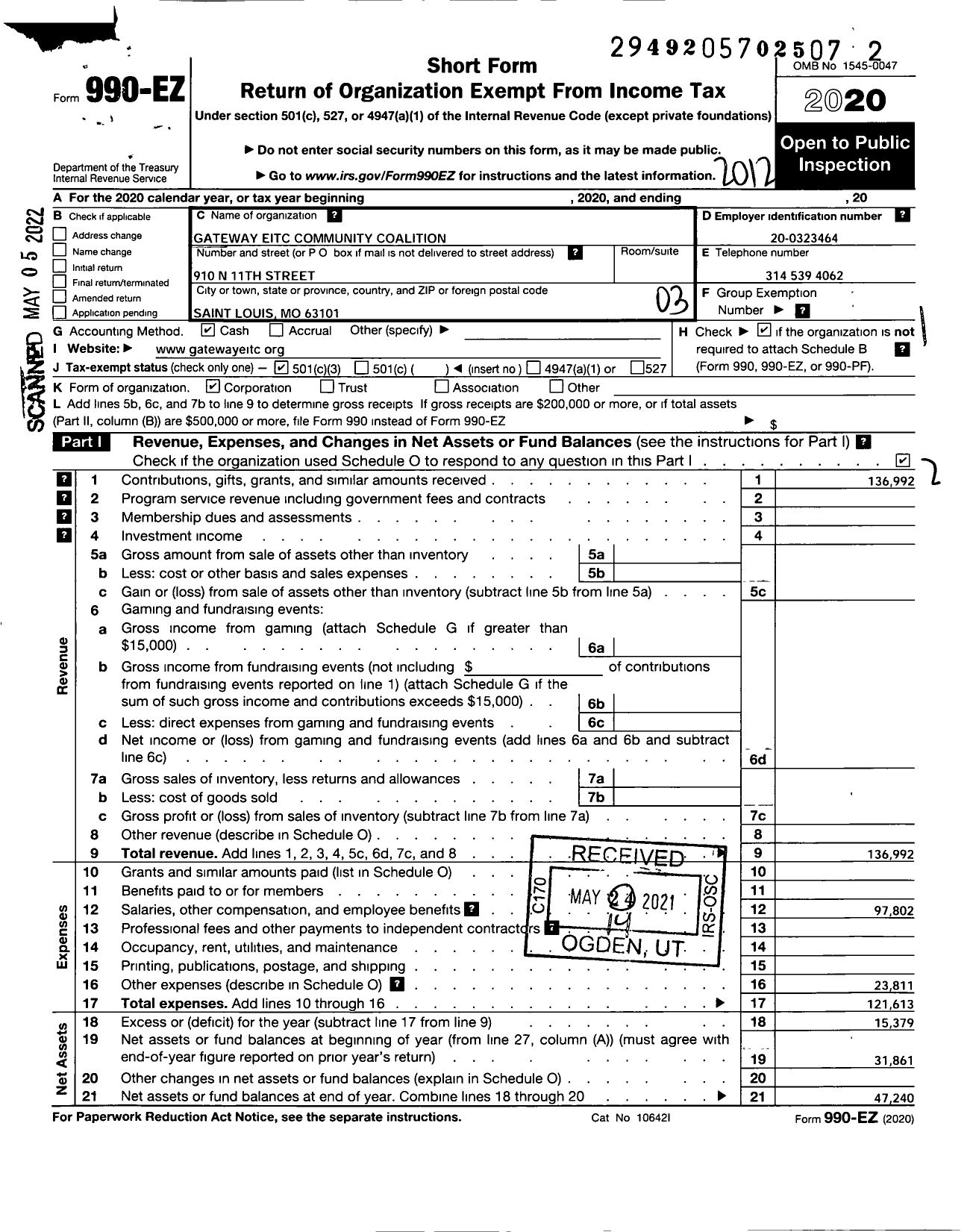 Image of first page of 2020 Form 990EZ for Gateway Eitc Community Coalition