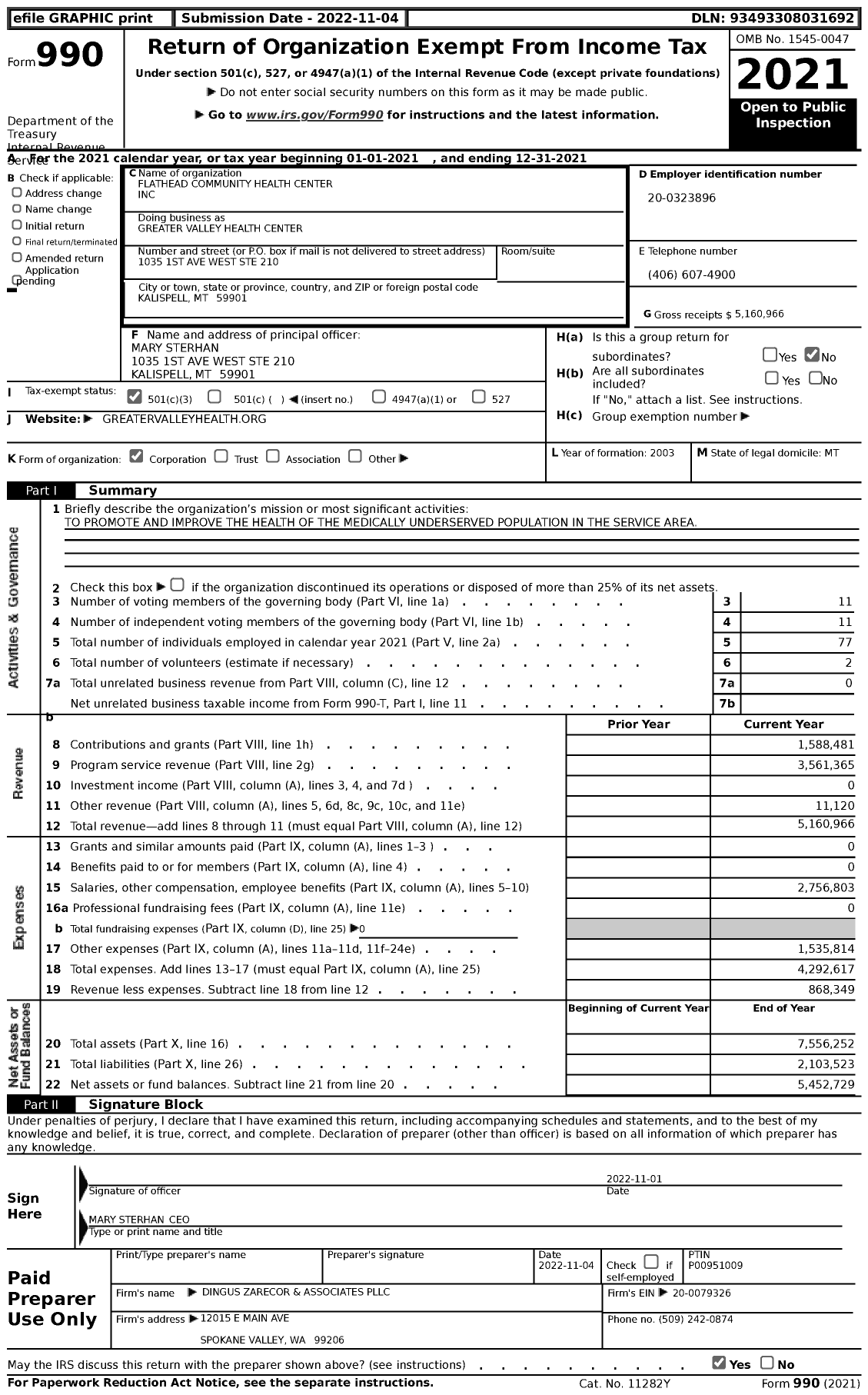 Image of first page of 2021 Form 990 for Greater Valley Health Center