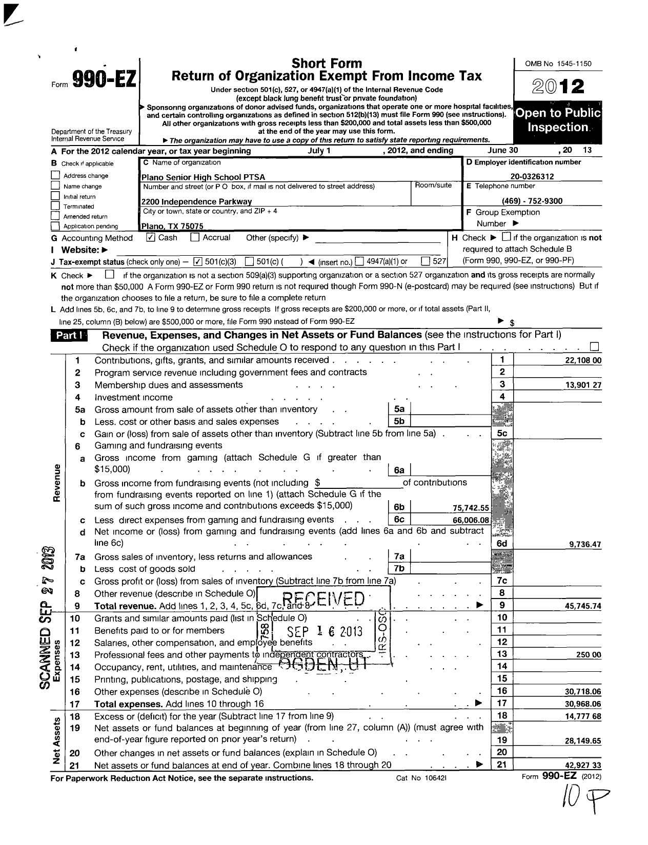 Image of first page of 2012 Form 990EZ for Texas PTA - Plano Senior High School Ptsa