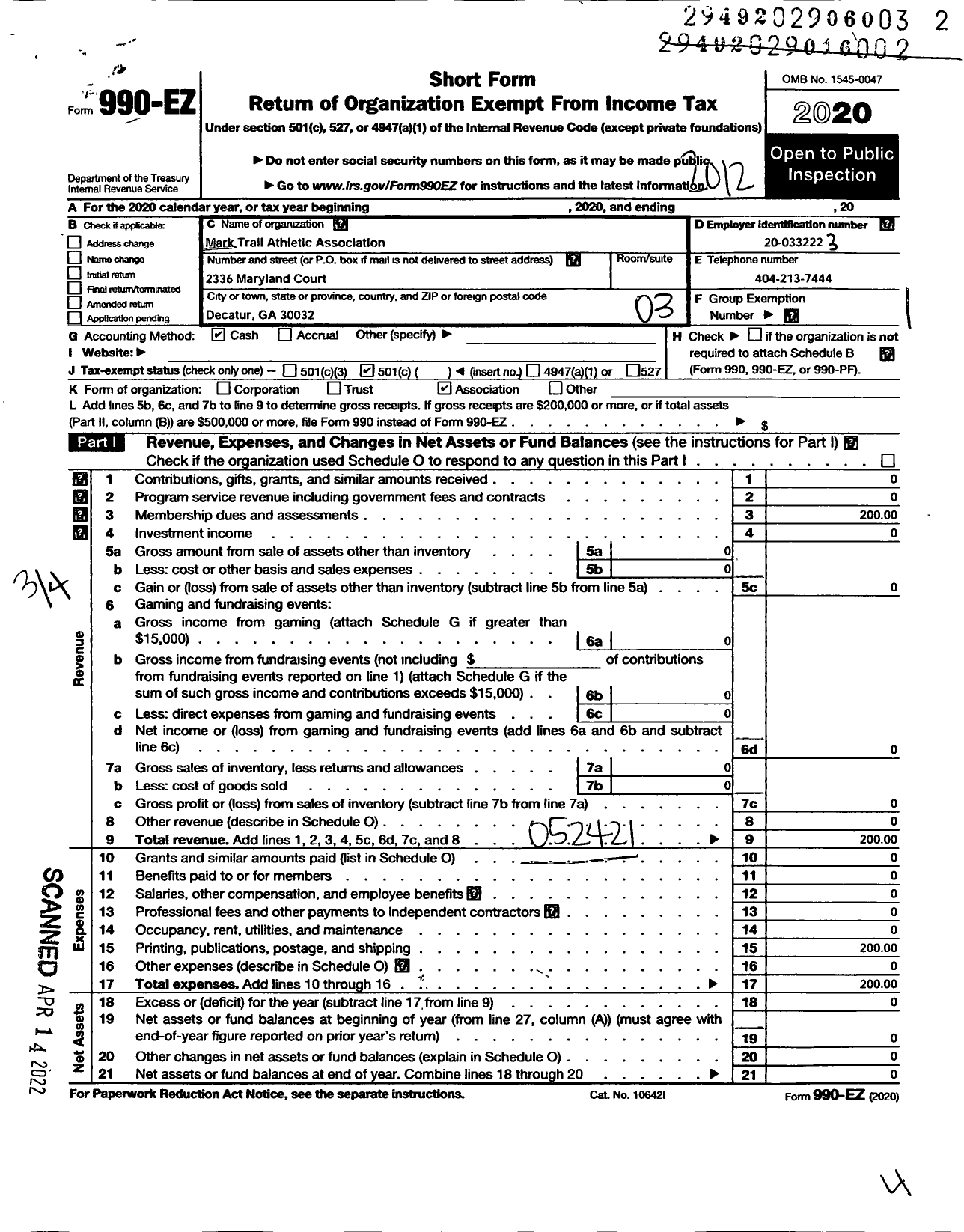 Image of first page of 2020 Form 990EZ for Mark Trail Athletic Association