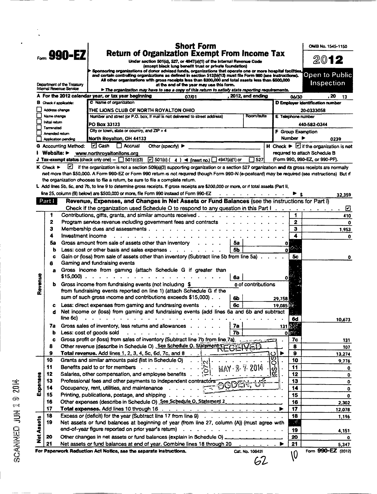 Image of first page of 2012 Form 990EO for Lions Clubs - 5291 North Royalton