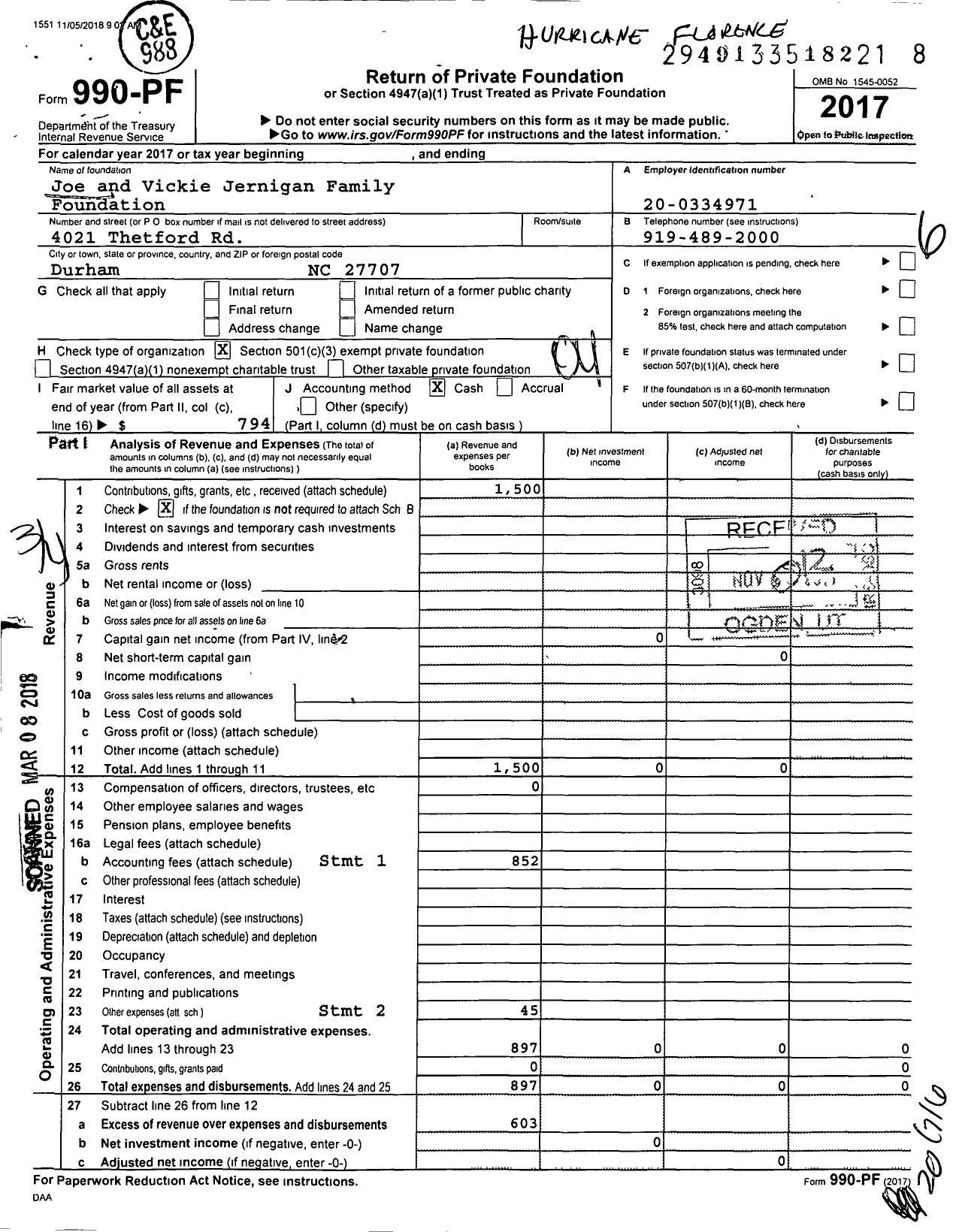 Image of first page of 2017 Form 990PF for Joe and Vickie Jernigan Family Foundation