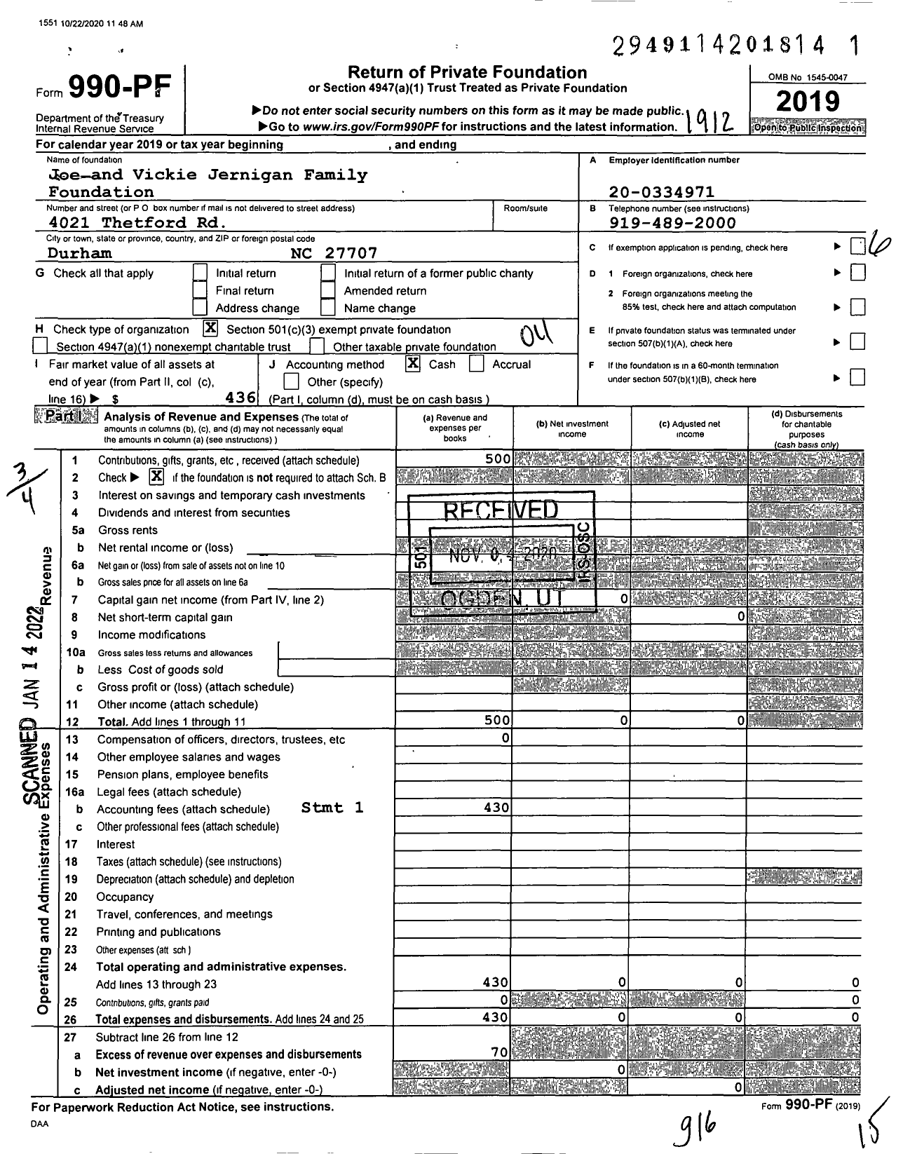 Image of first page of 2019 Form 990PF for Joe and Vickie Jernigan Family Foundation